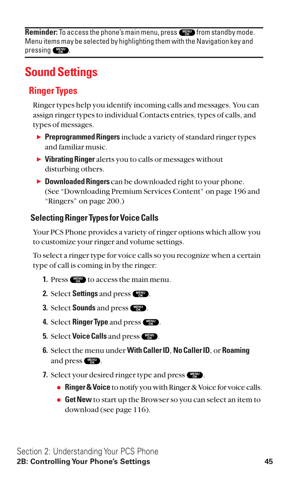 Sound settings, Ringer types, Selecting ringer types for voice calls | Sanyo VM4500 User Manual | Page 57 / 244