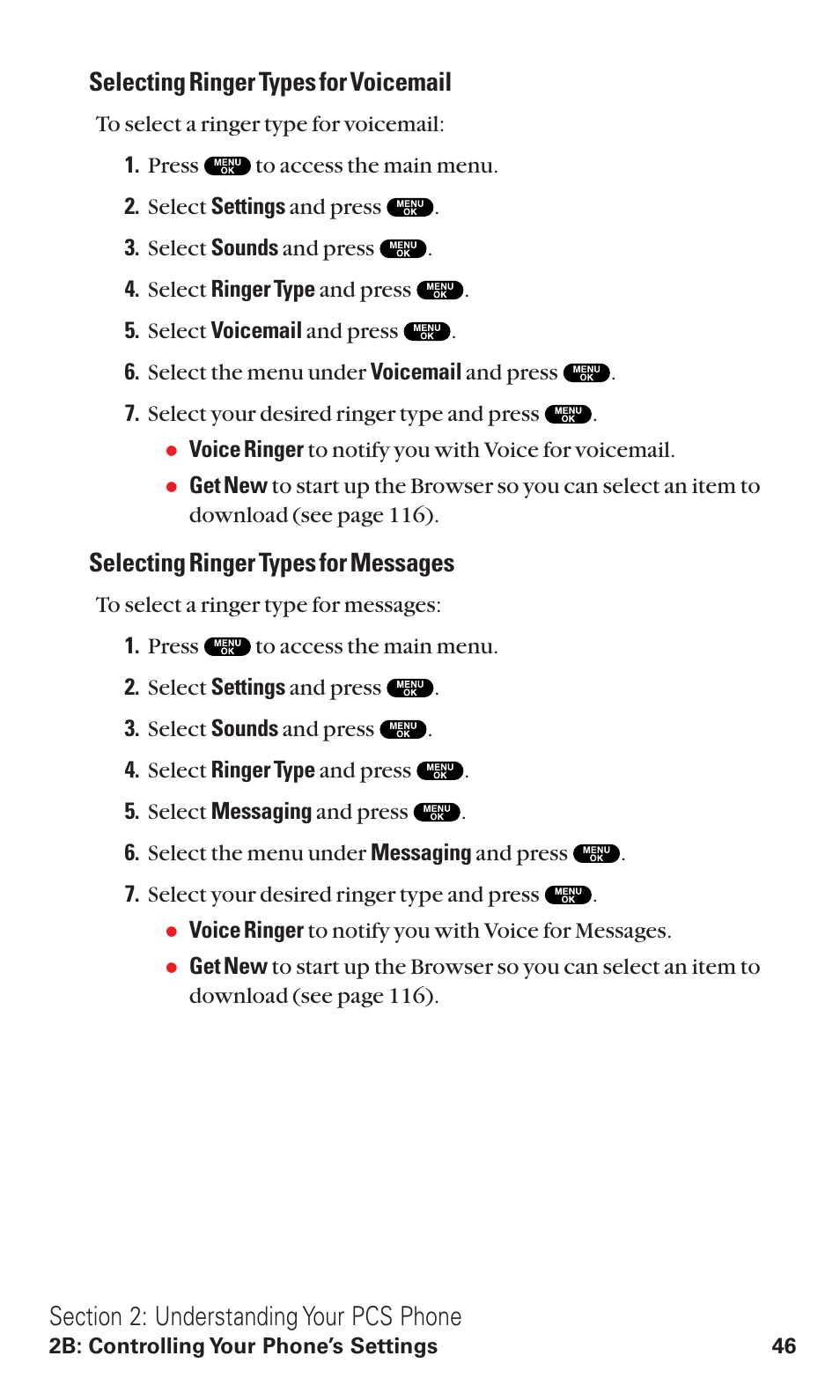 Selecting ringer types for voicemail, Selecting ringer types for messages | Sanyo VM4500 User Manual | Page 58 / 244