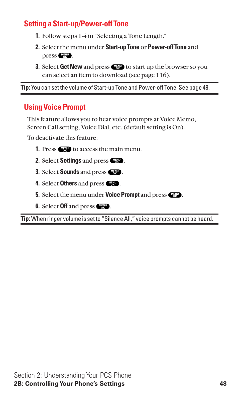 Setting a start-up/power-off tone, Using voice prompt | Sanyo VM4500 User Manual | Page 60 / 244