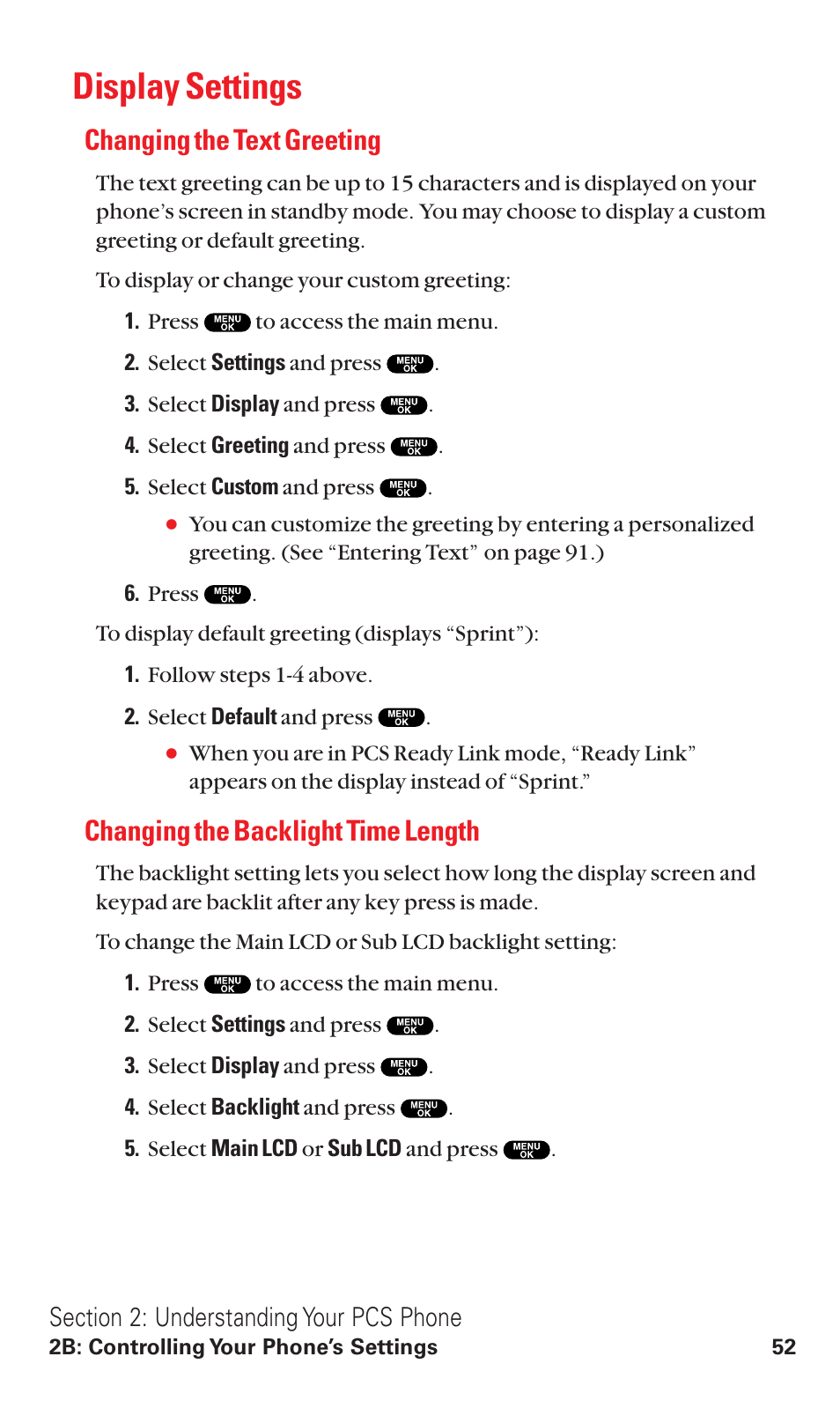 Display settings, Changing the text greeting, Changing the backlight time length | Sanyo VM4500 User Manual | Page 64 / 244