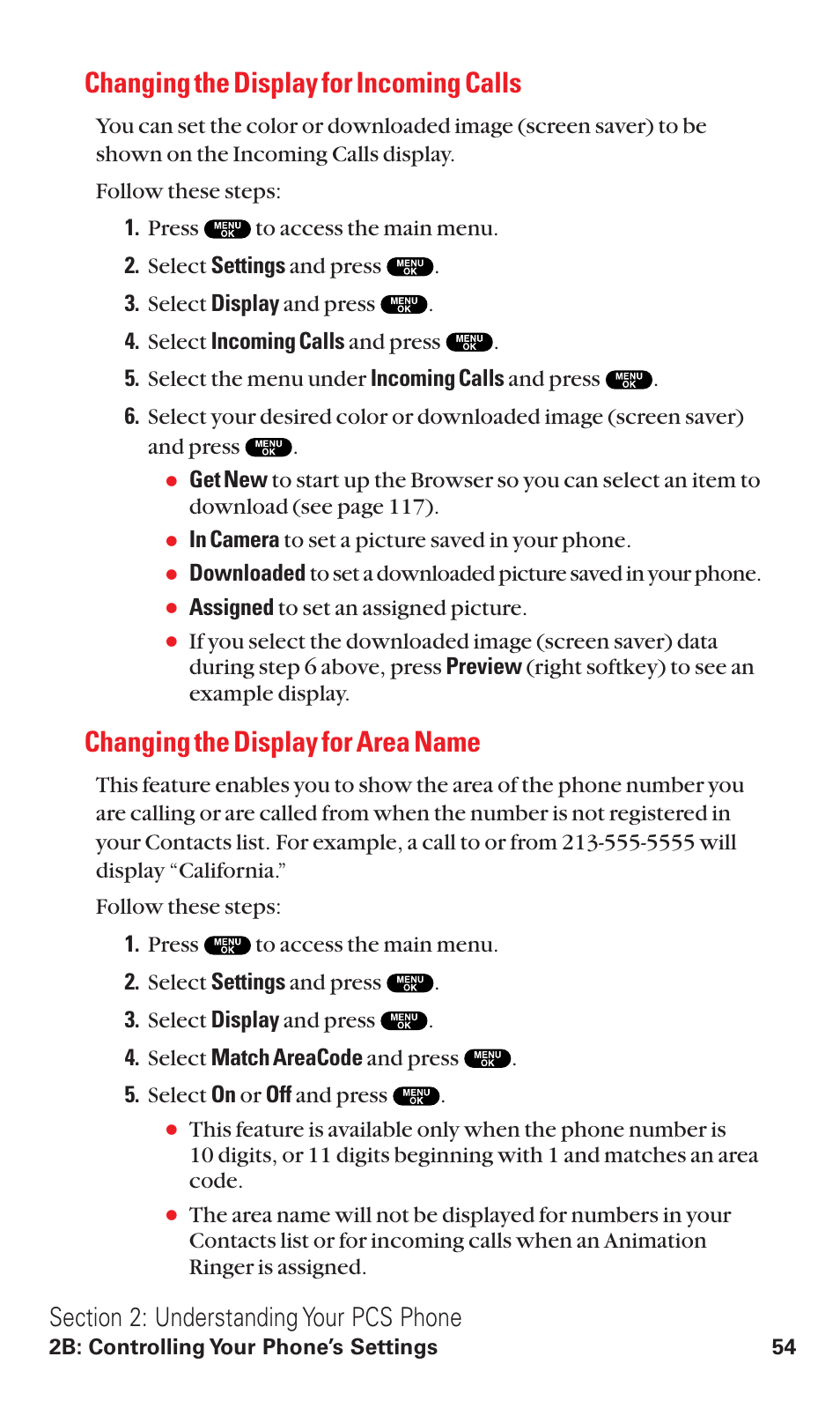 Changing the display for incoming calls, Changing the display for area name | Sanyo VM4500 User Manual | Page 66 / 244