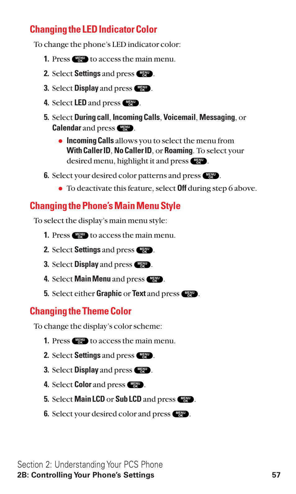 Changing the led indicator color, Changing the phone’s main menu style, Changing the theme color | Sanyo VM4500 User Manual | Page 69 / 244