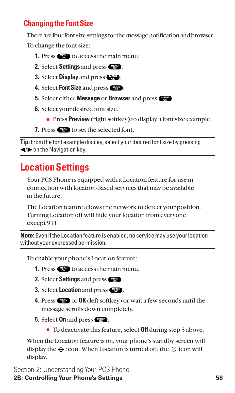 Changing the font size, Location settings | Sanyo VM4500 User Manual | Page 70 / 244