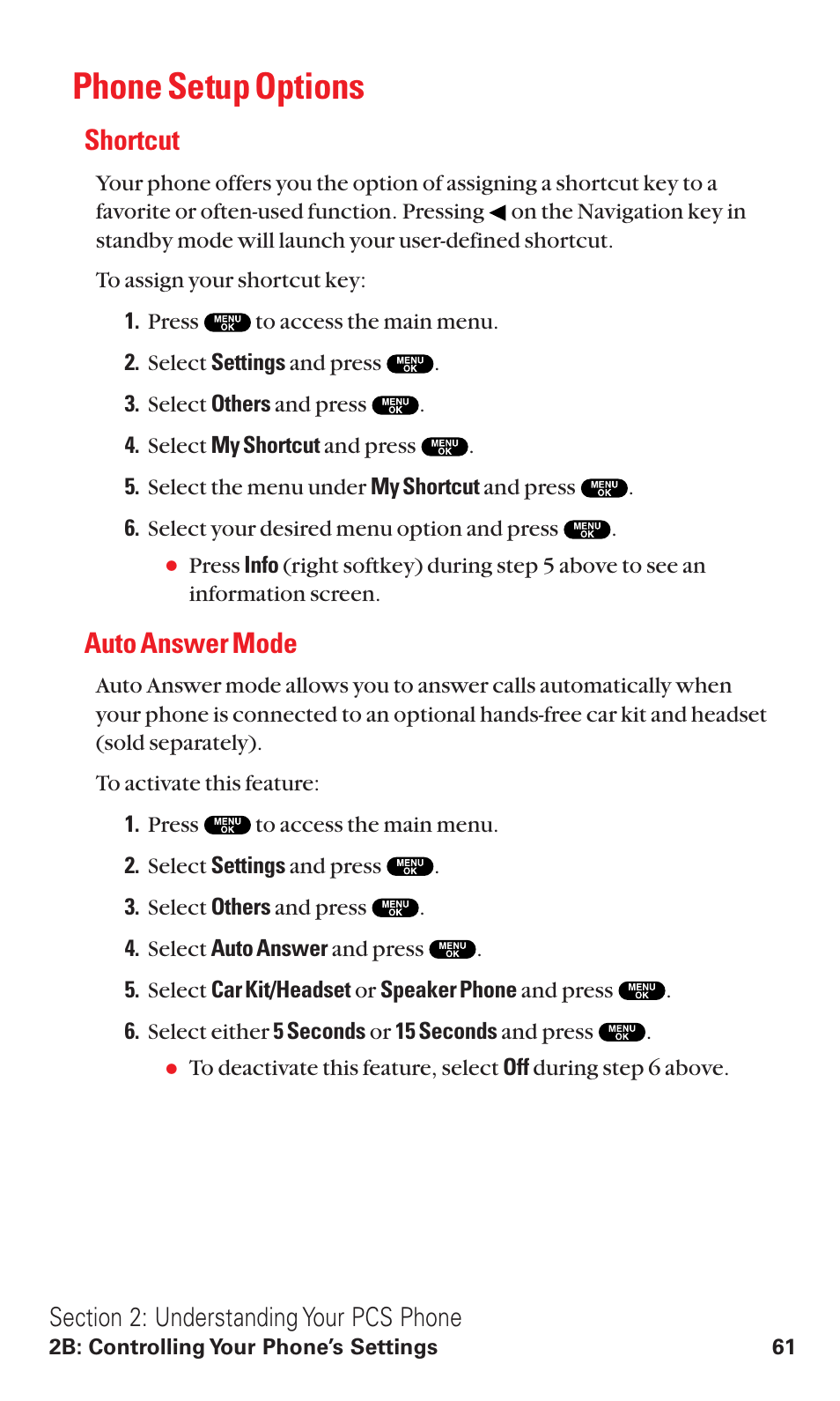 Phone setup options, Shortcut, Auto answer mode | Sanyo VM4500 User Manual | Page 73 / 244