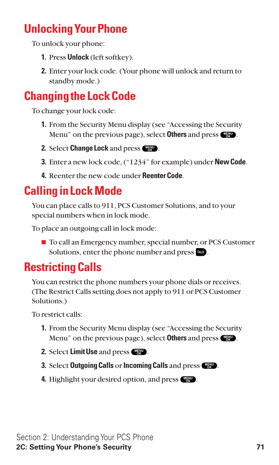Unlocking your phone, Changing the lock code, Calling in lock mode | Restricting calls | Sanyo VM4500 User Manual | Page 83 / 244
