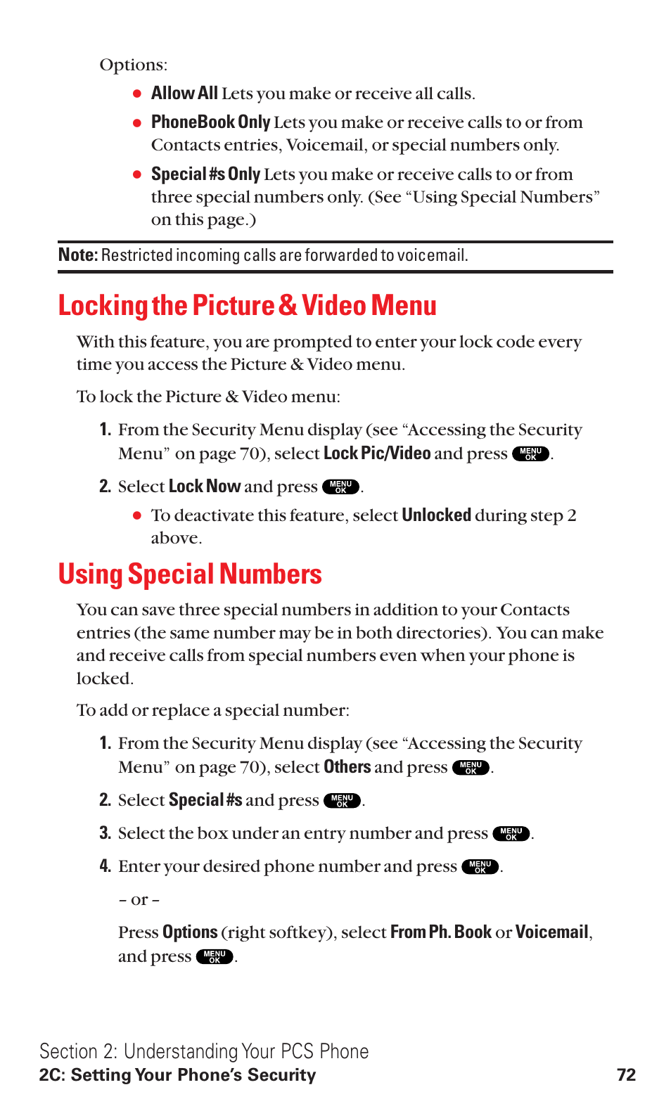 Locking the picture & video menu, Using special numbers | Sanyo VM4500 User Manual | Page 84 / 244