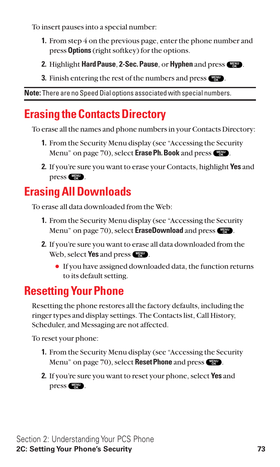 Erasing the contacts directory, Erasing all downloads, Resetting your phone | Sanyo VM4500 User Manual | Page 85 / 244