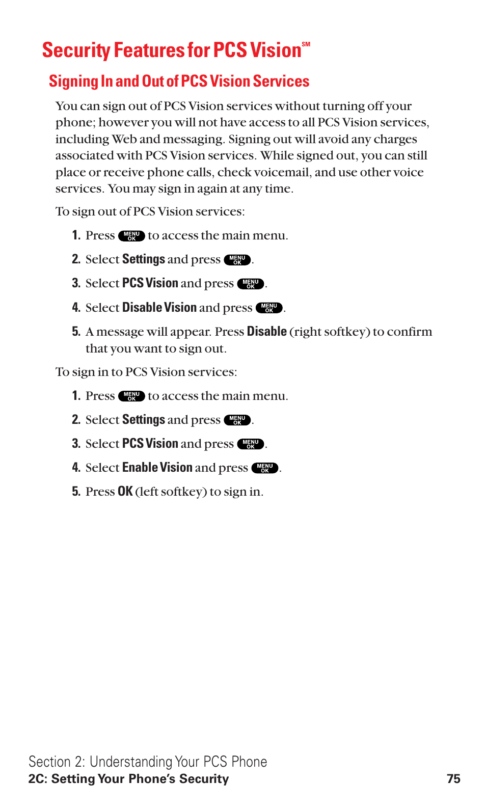 Security features for pcs vision, Signing in and out of pcs vision services | Sanyo VM4500 User Manual | Page 87 / 244
