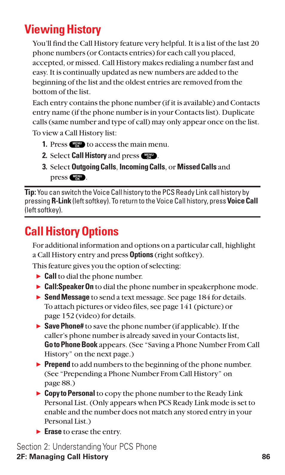 Viewing history, Call history options | Sanyo VM4500 User Manual | Page 98 / 244