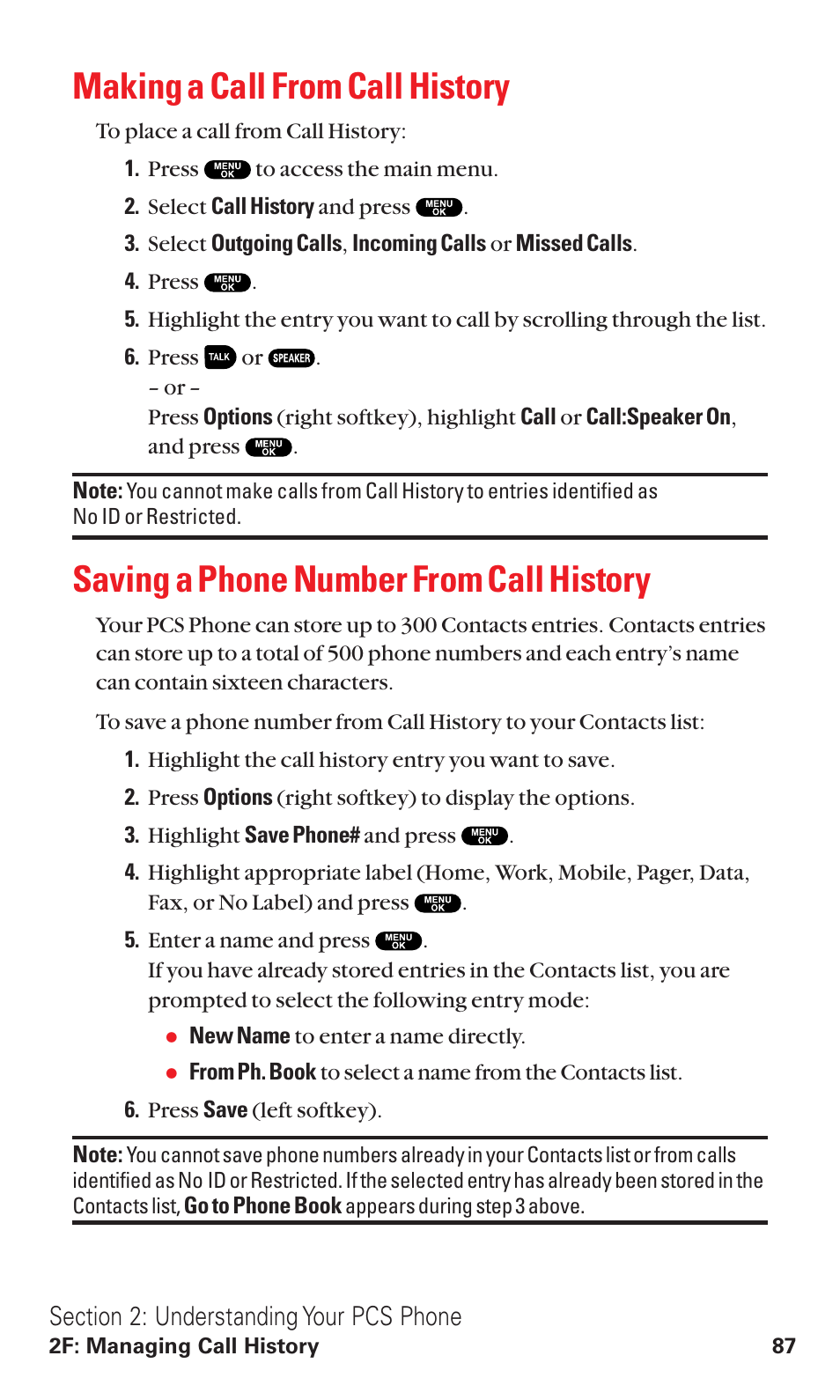 Making a call from call history, Saving a phone number from call history | Sanyo VM4500 User Manual | Page 99 / 244