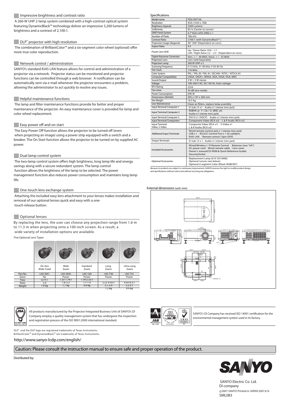 Dxt10-ura.pdf, Sanyo electric co. lid. di company, Sml083 | Sanyo PDG-DXT10 User Manual | Page 2 / 2