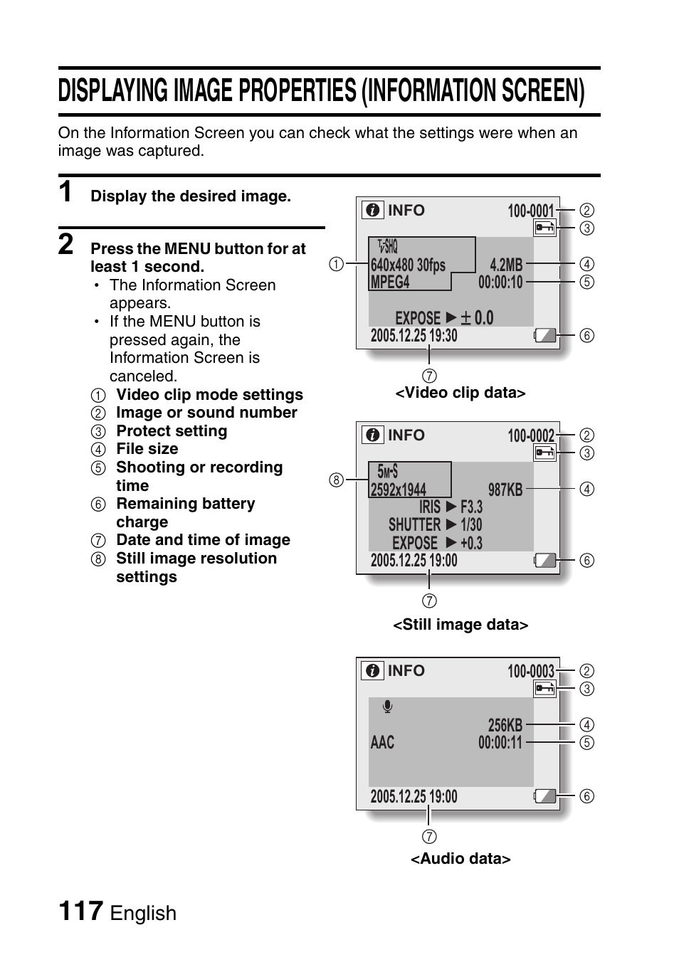 Displaying image properties (information screen) | Sanyo VPC-HD1E User Manual | Page 123 / 200