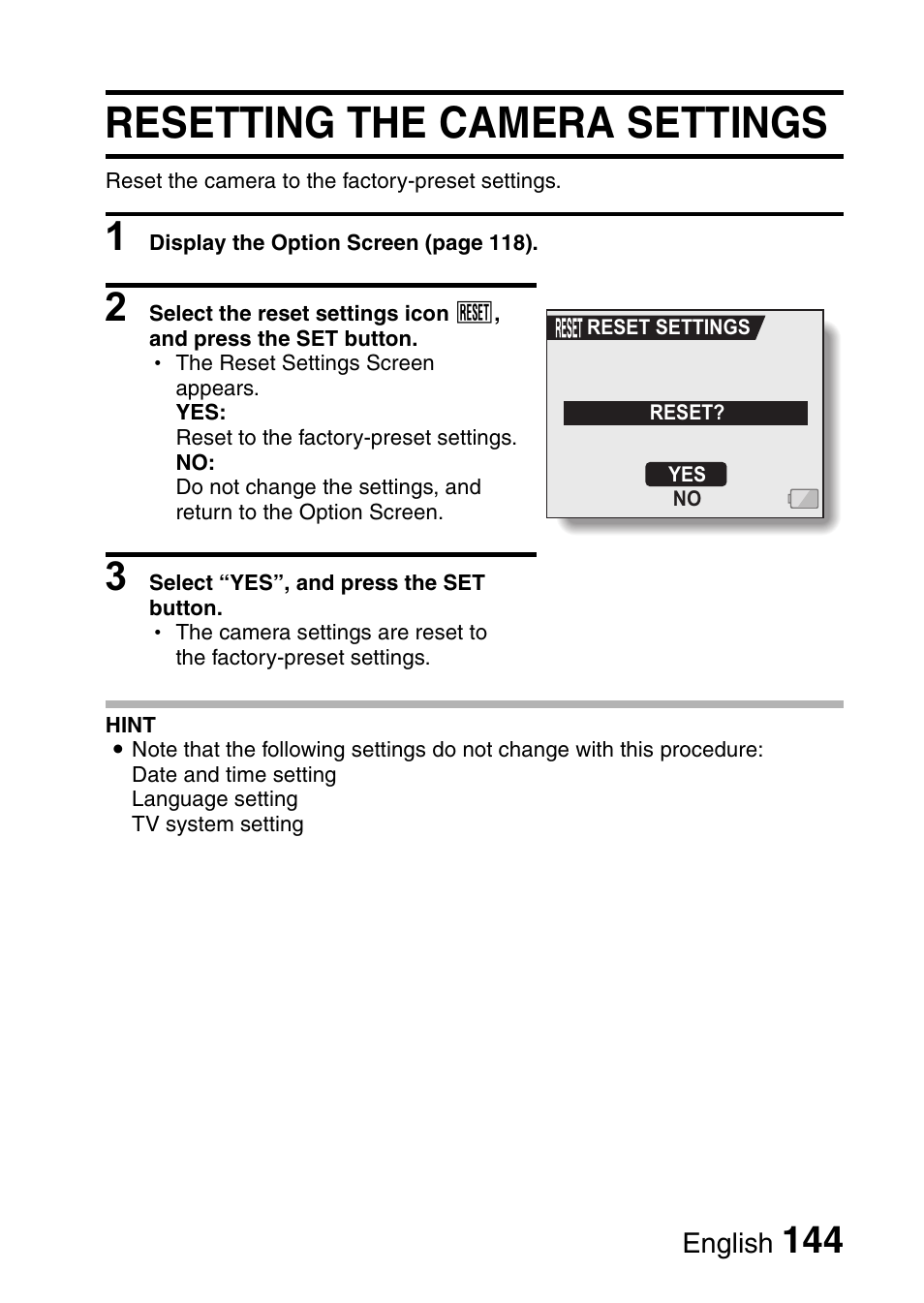 Resetting the camera settings | Sanyo VPC-HD1E User Manual | Page 150 / 200