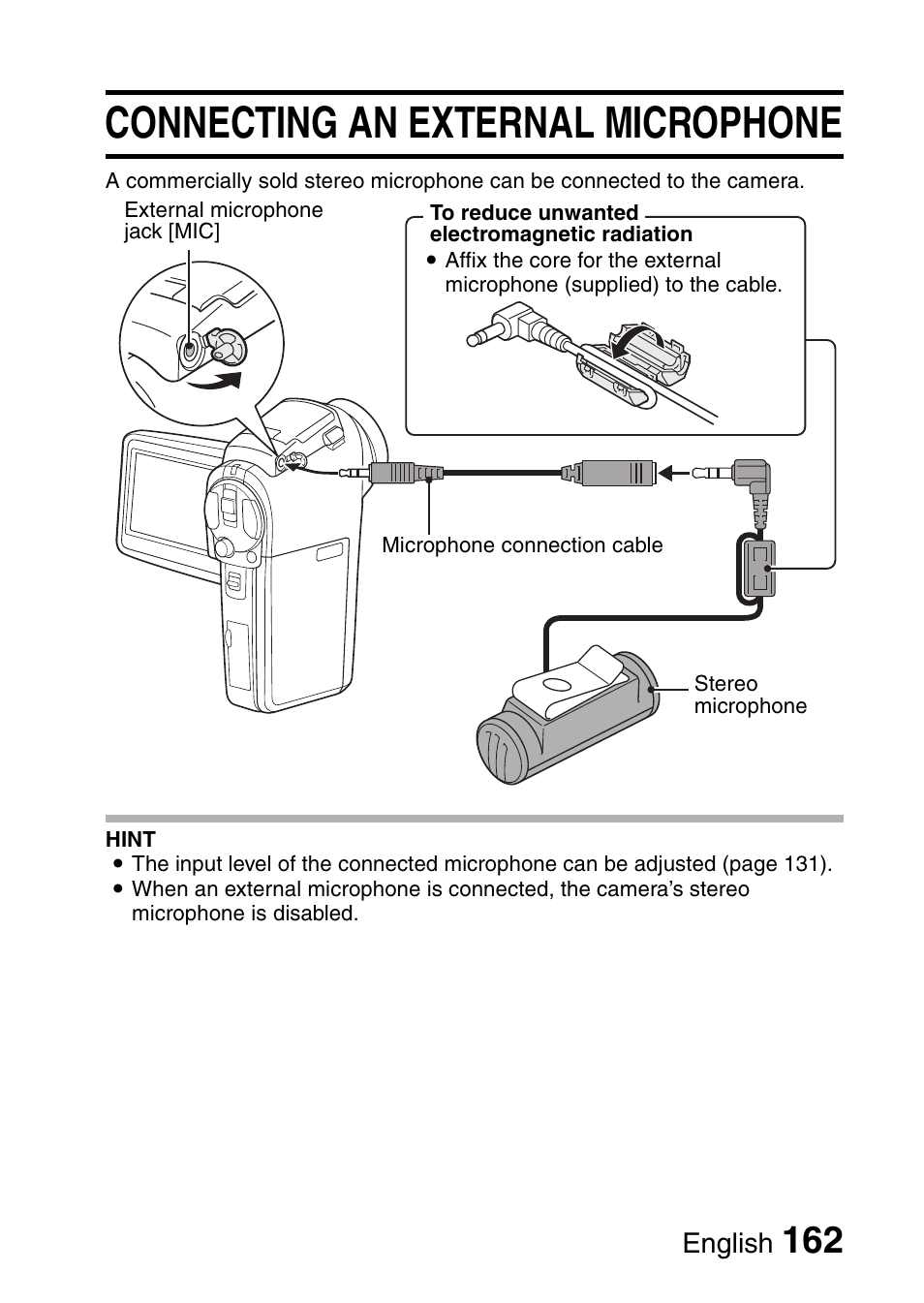 Connecting an external microphone, English | Sanyo VPC-HD1E User Manual | Page 168 / 200