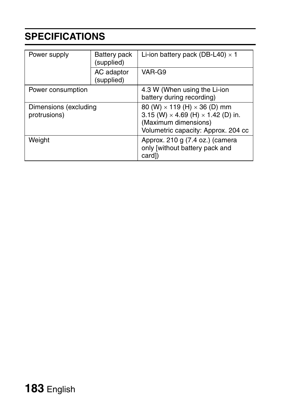 Specifications, English | Sanyo VPC-HD1E User Manual | Page 189 / 200