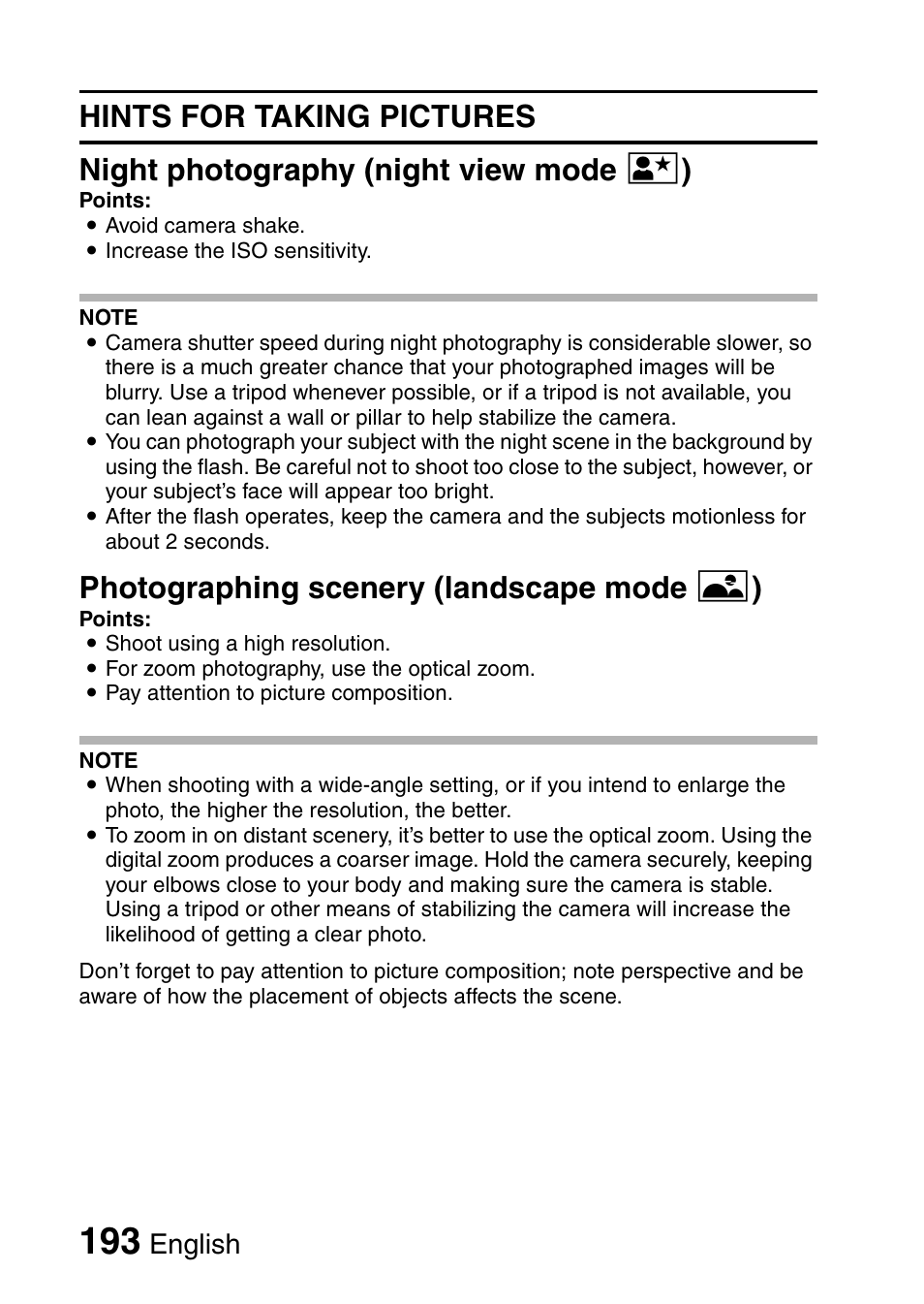 Photographing scenery (landscape mode + ), English | Sanyo VPC-HD1E User Manual | Page 199 / 200