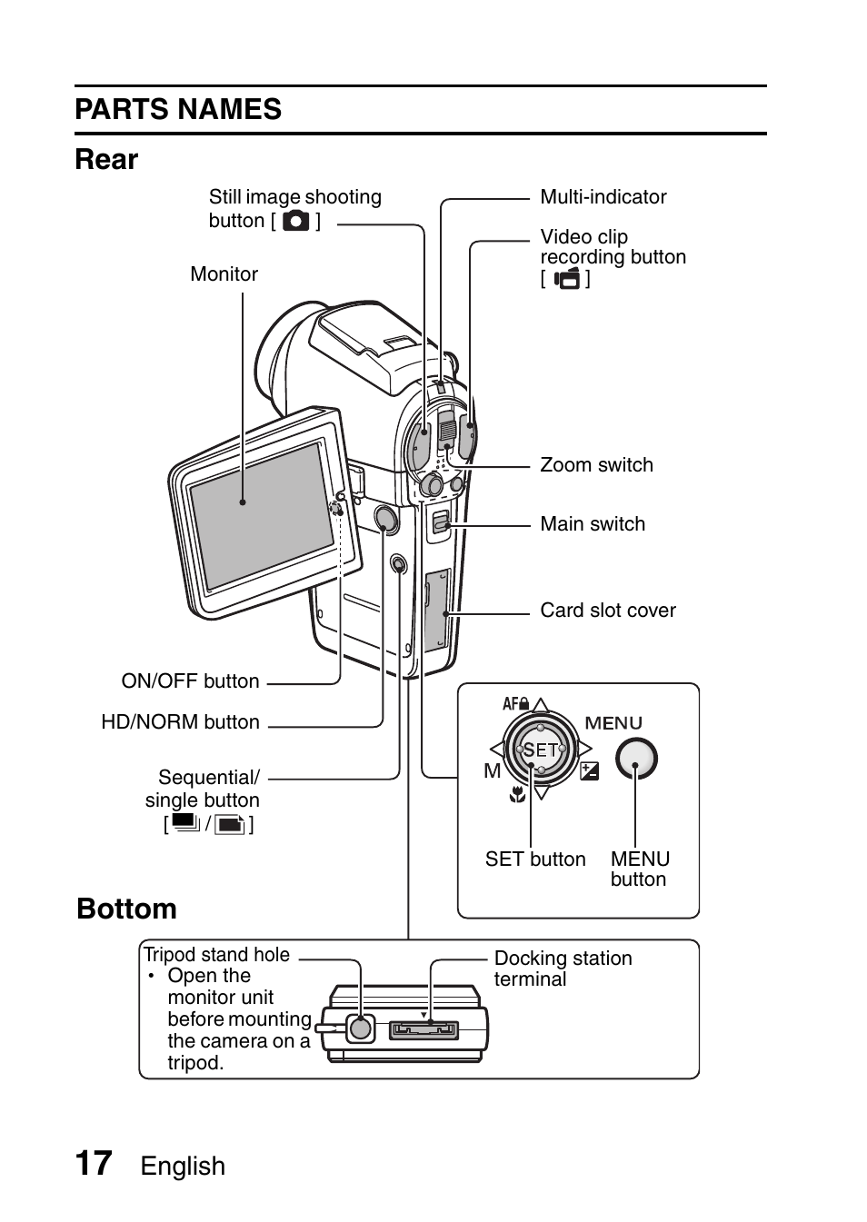 Parts names rear bottom, English | Sanyo VPC-HD1E User Manual | Page 23 / 200