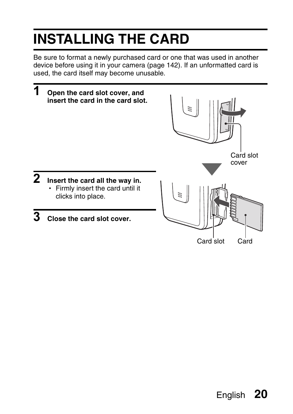 Installing the card | Sanyo VPC-HD1E User Manual | Page 26 / 200