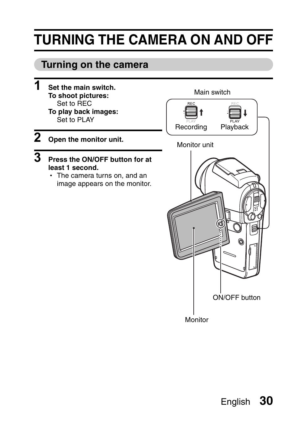 Turning the camera on and off, Turning on the camera | Sanyo VPC-HD1E User Manual | Page 36 / 200