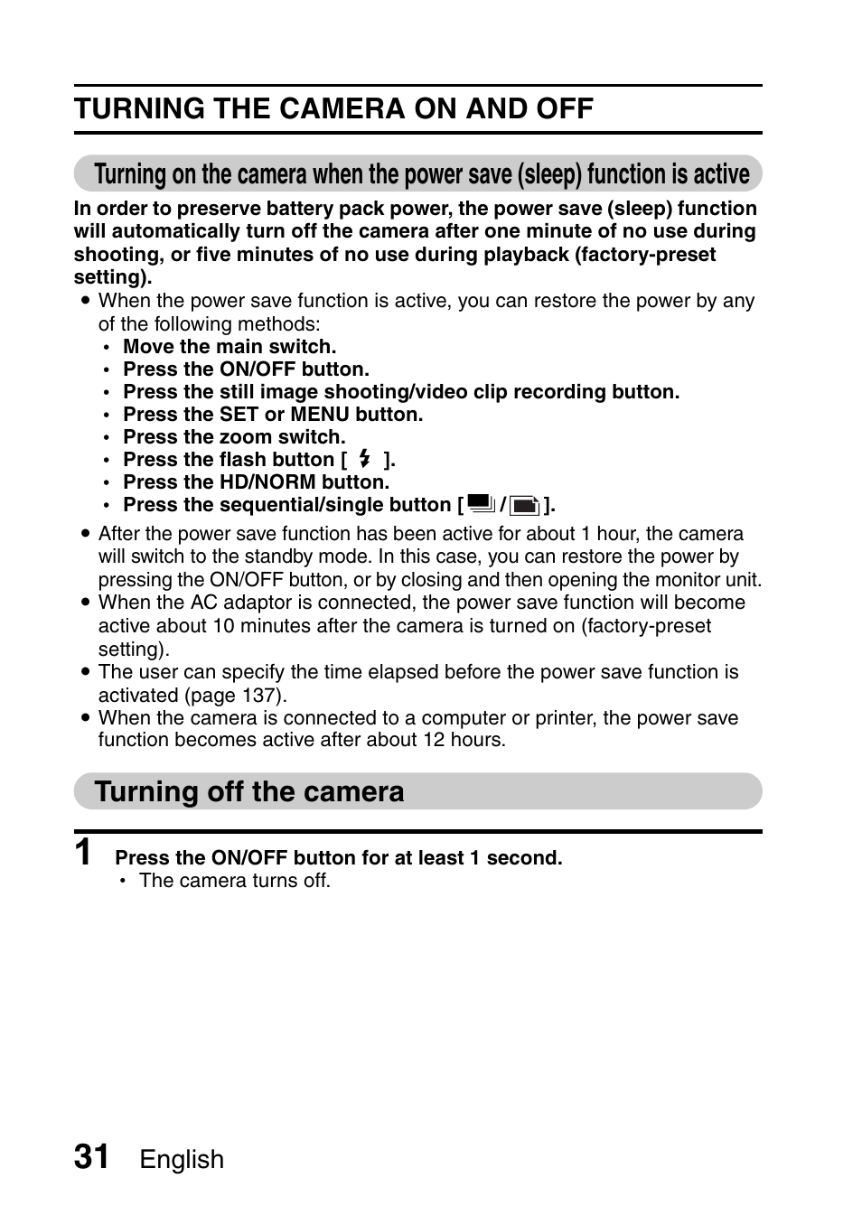 Turning off the camera | Sanyo VPC-HD1E User Manual | Page 37 / 200