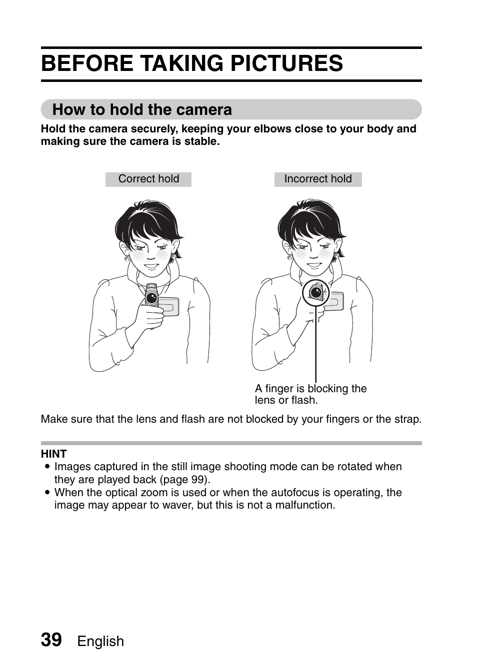 Before taking pictures, How to hold the camera, English | Sanyo VPC-HD1E User Manual | Page 45 / 200