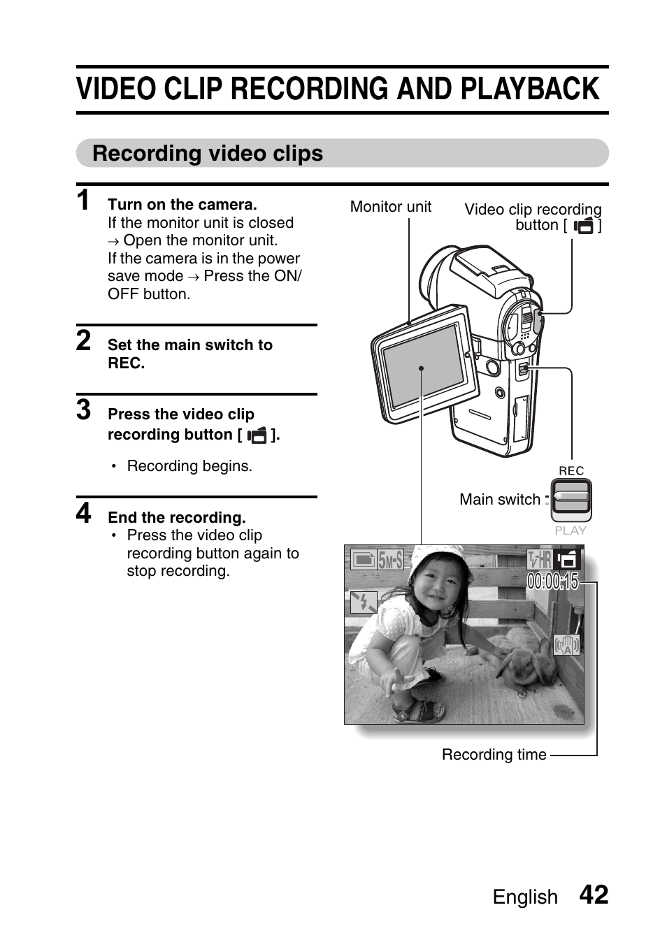 Video clip recording and playback, Recording video clips | Sanyo VPC-HD1E User Manual | Page 48 / 200