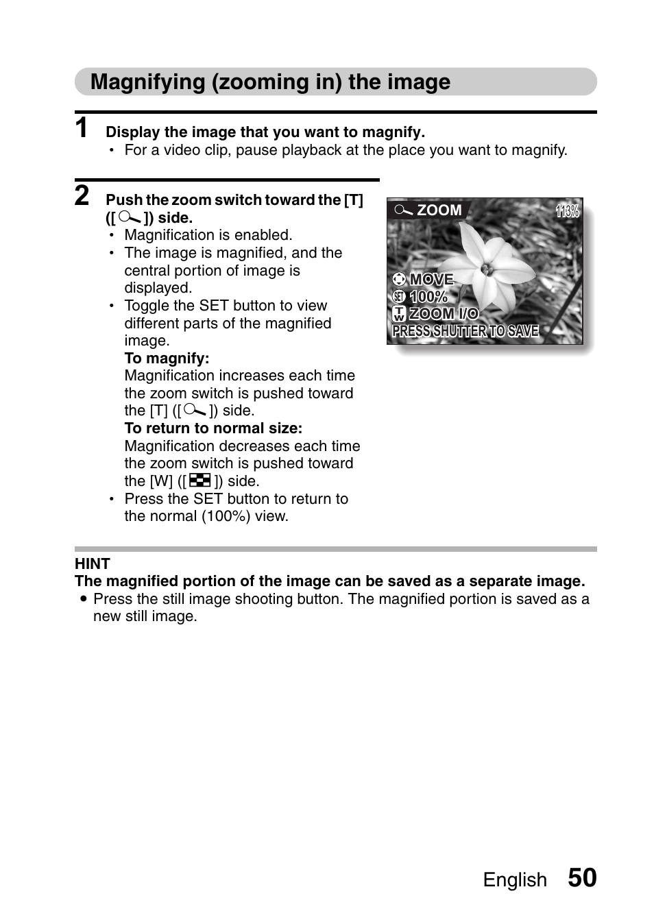 Magnifying (zooming in) the image, English | Sanyo VPC-HD1E User Manual | Page 56 / 200