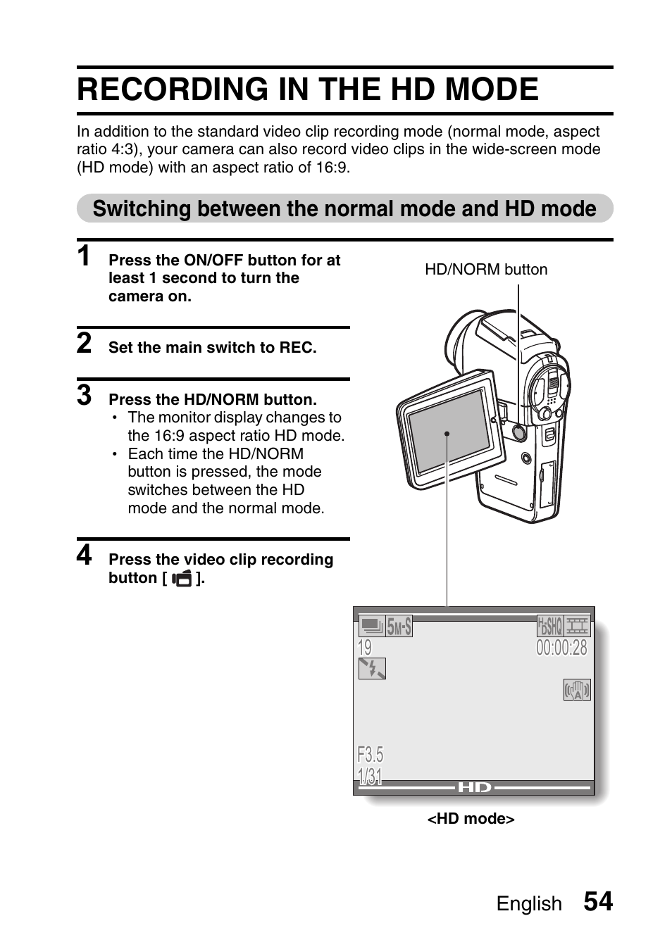 Recording in the hd mode | Sanyo VPC-HD1E User Manual | Page 60 / 200