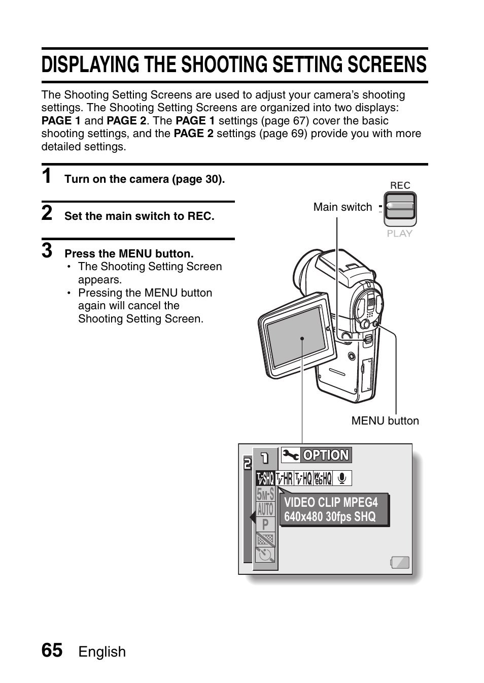 Displaying the shooting setting screens | Sanyo VPC-HD1E User Manual | Page 71 / 200