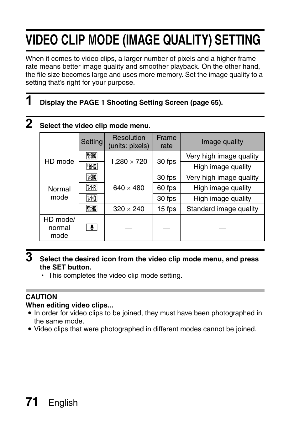 Video clip mode (image quality) setting, English | Sanyo VPC-HD1E User Manual | Page 77 / 200