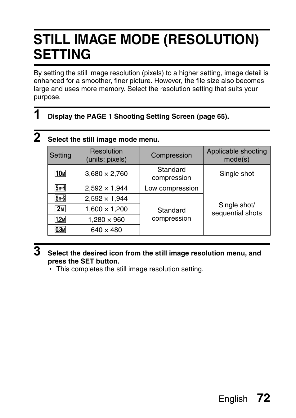 Still image mode (resolution) setting, English | Sanyo VPC-HD1E User Manual | Page 78 / 200