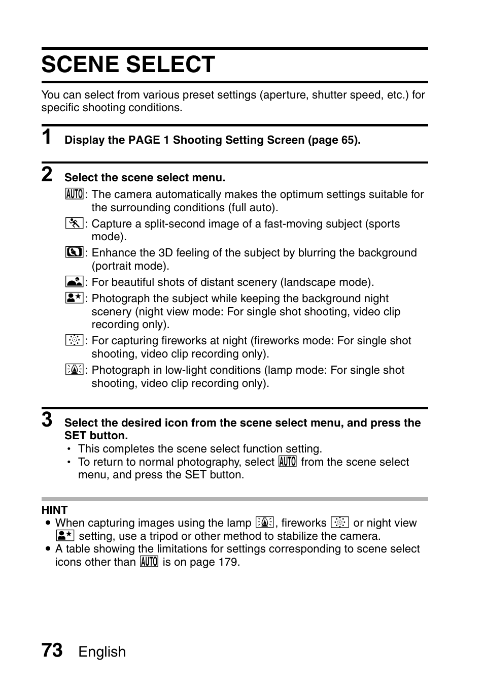 Scene select, English | Sanyo VPC-HD1E User Manual | Page 79 / 200