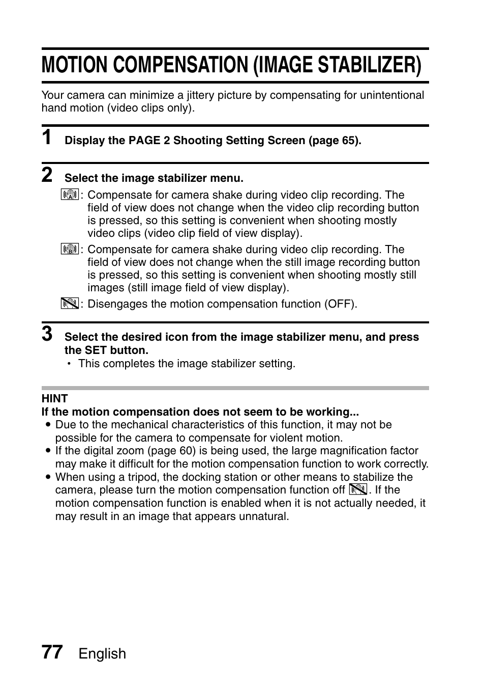 Motion compensation (image stabilizer) | Sanyo VPC-HD1E User Manual | Page 83 / 200