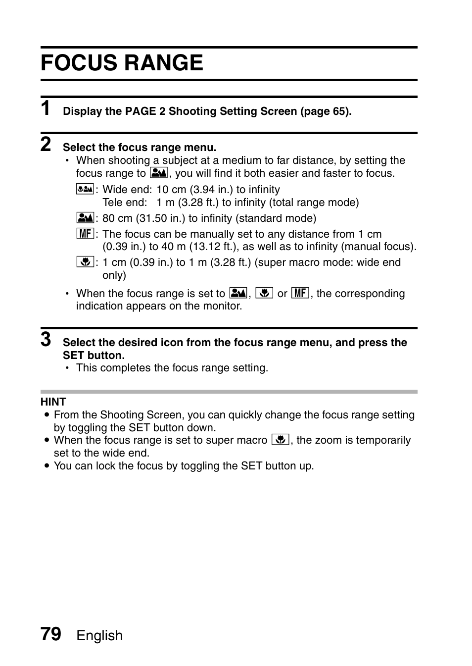 Focus range | Sanyo VPC-HD1E User Manual | Page 85 / 200