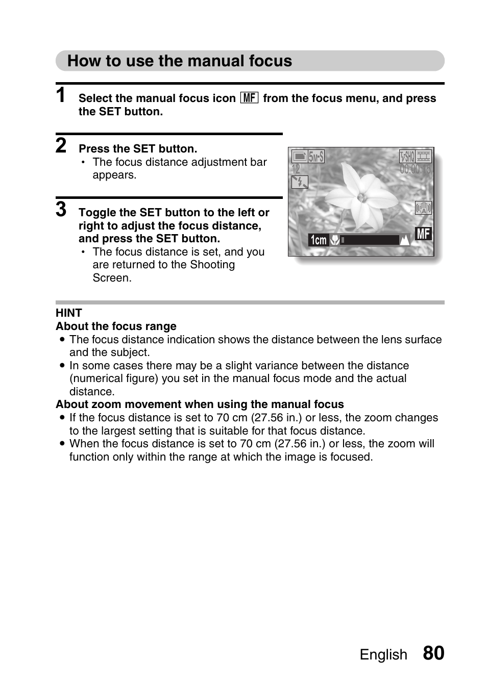 How to use the manual focus | Sanyo VPC-HD1E User Manual | Page 86 / 200