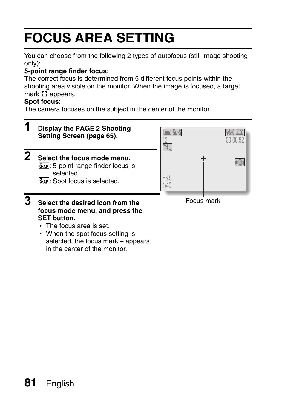 Focus area setting | Sanyo VPC-HD1E User Manual | Page 87 / 200