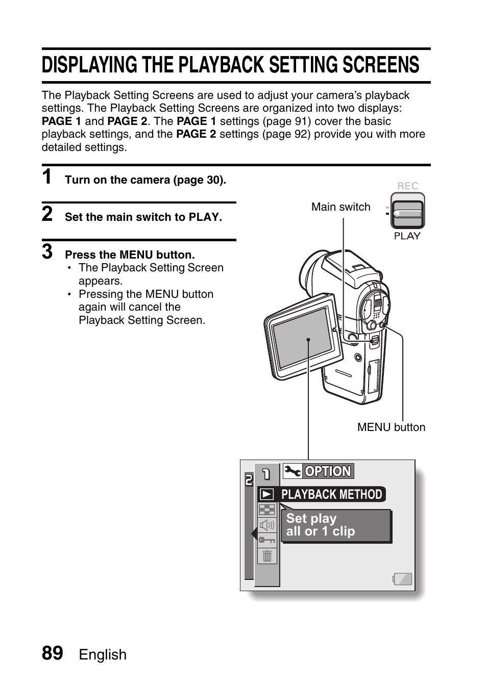 Displaying the playback setting screens | Sanyo VPC-HD1E User Manual | Page 95 / 200