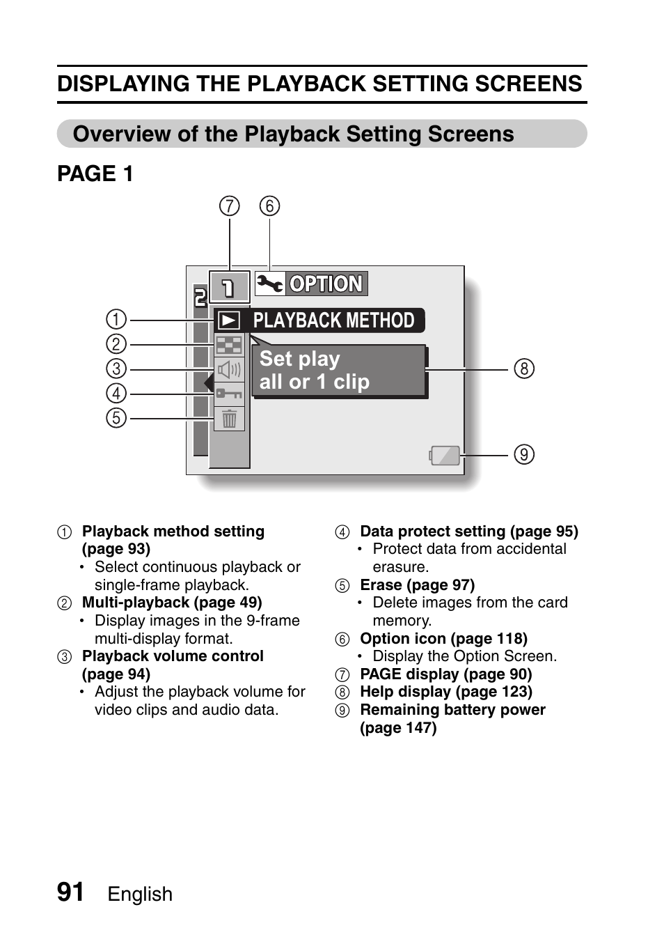 Playback method set play all or 1 clip, English | Sanyo VPC-HD1E User Manual | Page 97 / 200