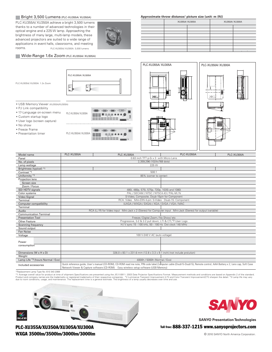 Bright 3,500 lumens, Wide-range 1.6x zoom, Sanyo presentation technologies | Toll free | Sanyo XU300A User Manual | Page 2 / 2