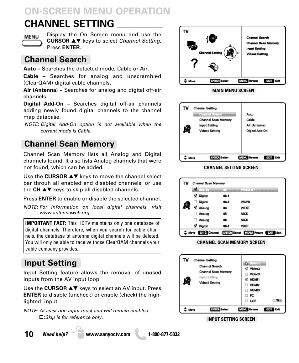 Channel setting, On-screen menu operation, Channel search | Input setting | Sanyo DP52440 User Manual | Page 10 / 56