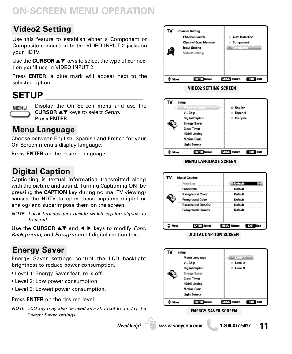 On-screen menu operation, Setup, Menu language digital caption | Energy saver, Video2 setting | Sanyo DP52440 User Manual | Page 11 / 56