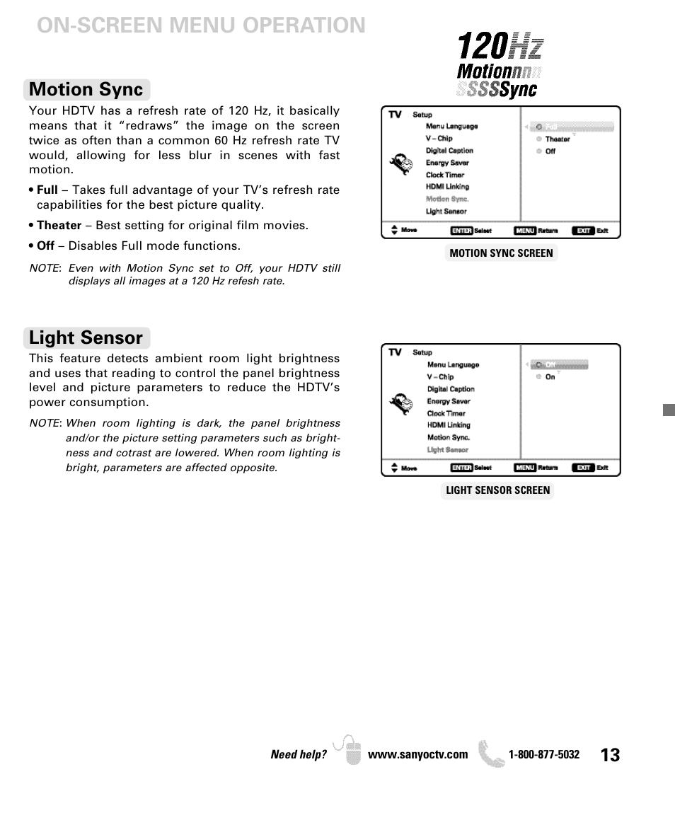 On-screen menu operation, Light sensor, Motion sync | Sanyo DP52440 User Manual | Page 13 / 56
