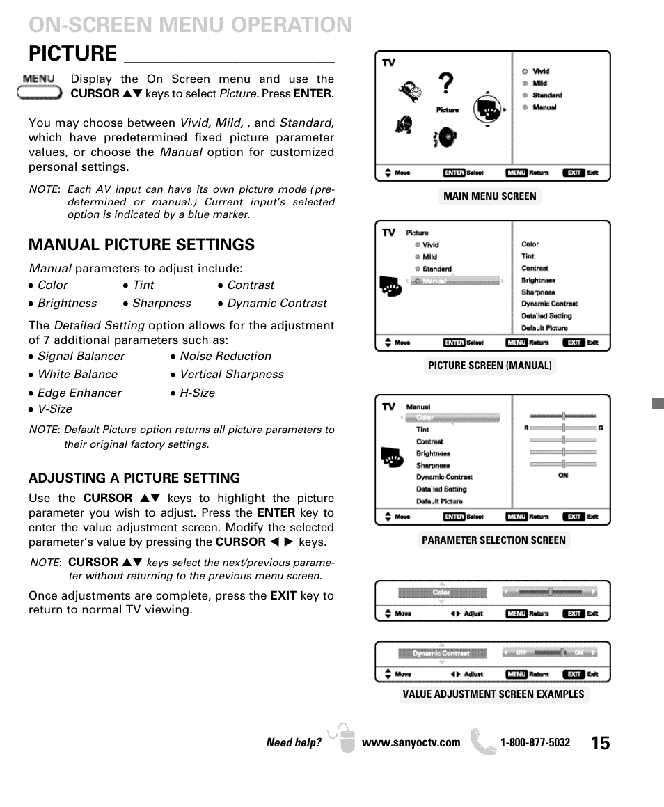 Manual picture settings | Sanyo DP52440 User Manual | Page 15 / 56