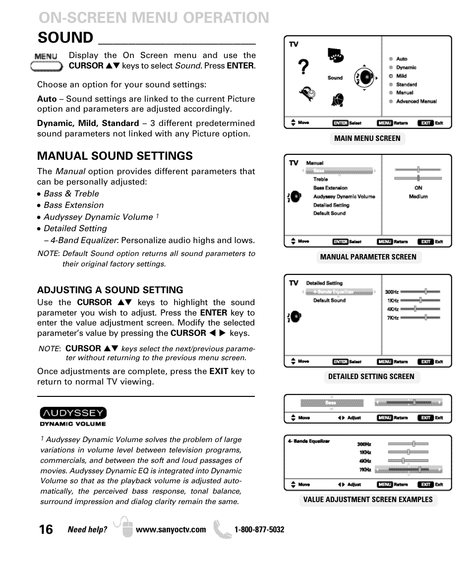 Sound, On-screen menu operation, Manual sound settings | Sanyo DP52440 User Manual | Page 16 / 56