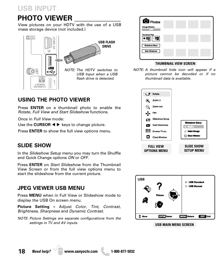 Photo viewer, Usb input, Using the photo viewer | Slide show, Jpeg viewer usb menu | Sanyo DP52440 User Manual | Page 18 / 56