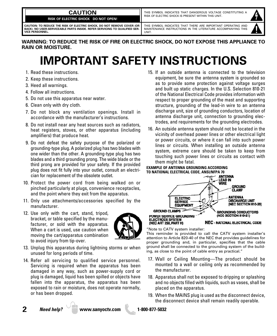 Important safety instructions | Sanyo DP52440 User Manual | Page 2 / 56