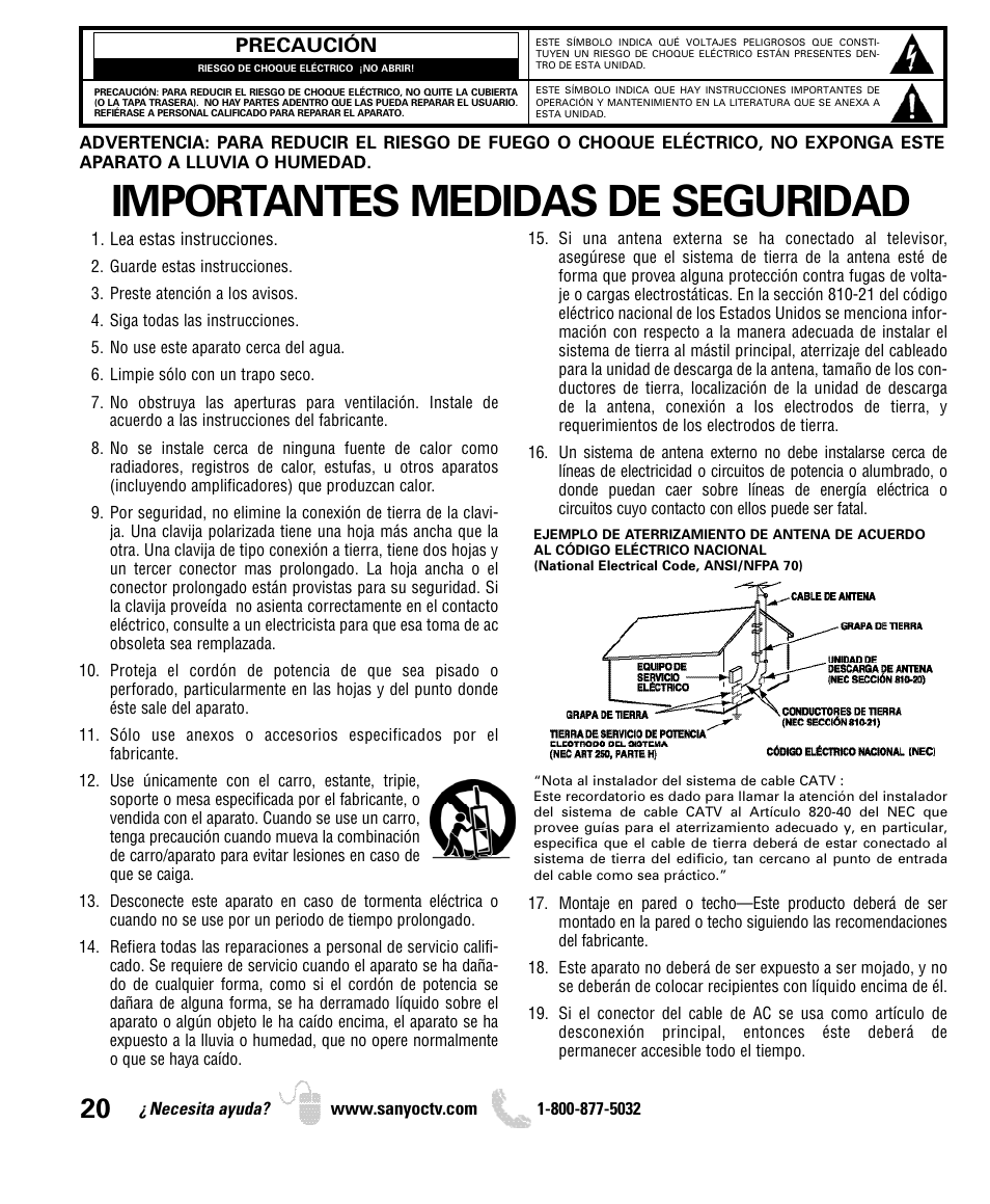 Importantes medidas de seguridad | Sanyo DP52440 User Manual | Page 20 / 56