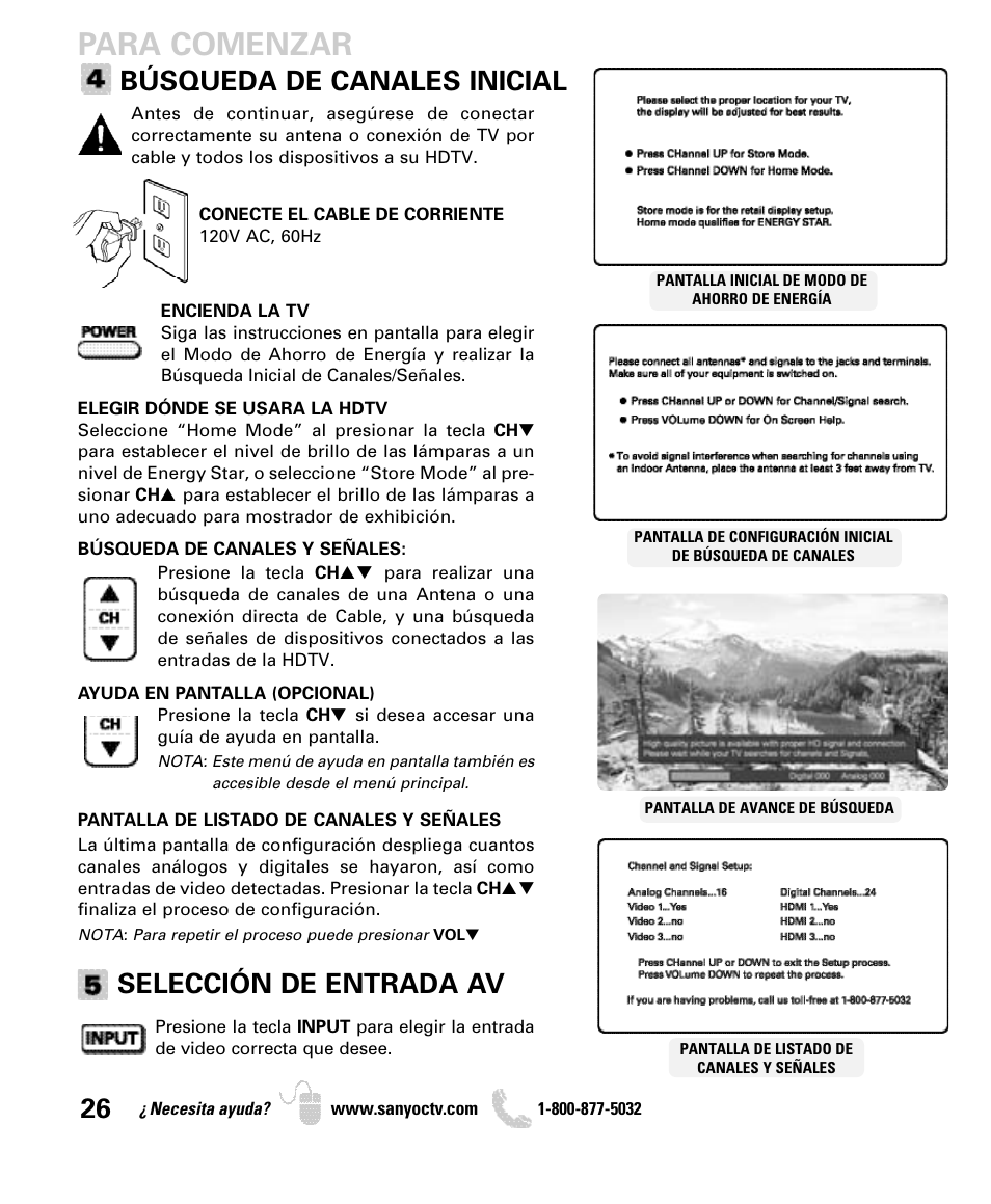 Para comenzar, Búsqueda de canales inicial, Selección de entrada av | Sanyo DP52440 User Manual | Page 26 / 56