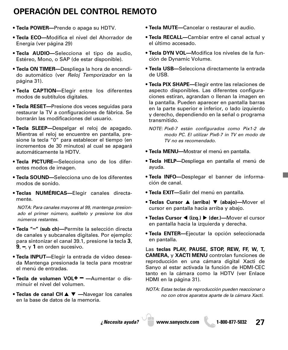 Operación del control remoto | Sanyo DP52440 User Manual | Page 27 / 56