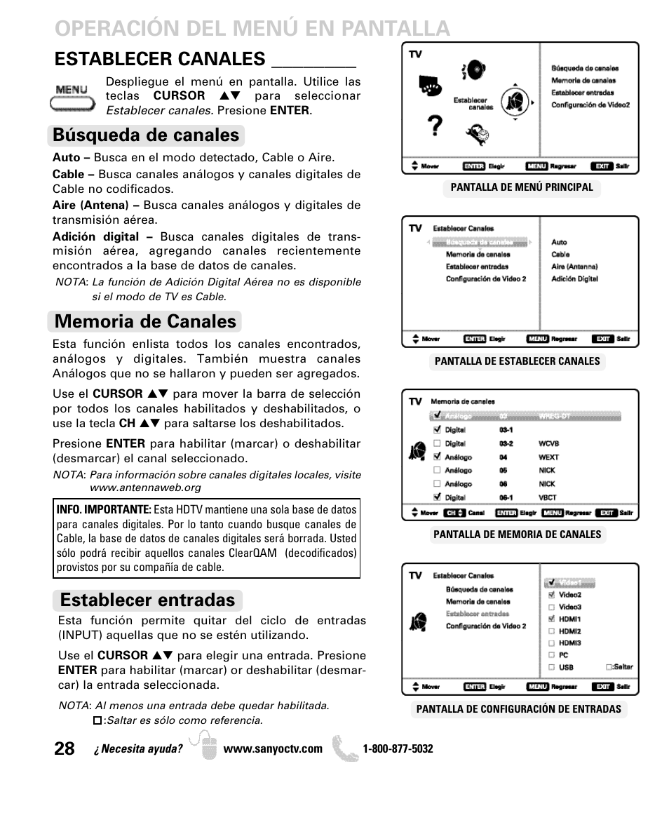 Operación del menú en pantalla, Establecer canales, Búsqueda de canales | Establecer entradas | Sanyo DP52440 User Manual | Page 28 / 56